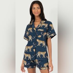 Katie K. Leopard Print Pajama Set - Navy and Gold